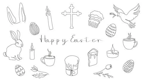 Easter Set in continuous one line style with design elements like bunny, eggs Illustrazione stock