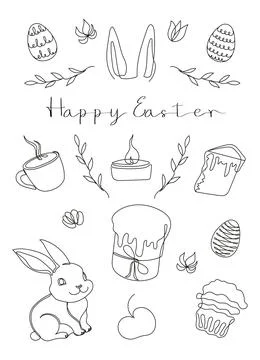 Easter Set in continuous one line style with design elements like bunny, eggs 스톡 일러스트