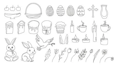 Easter Set in continuous one line style with design elements like bunny, eg.. Stock Illustration