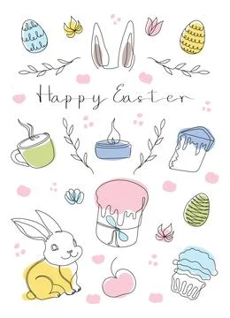 Easter Set in continuous one line style with design elements like bunny, eggs Illustrazione stock