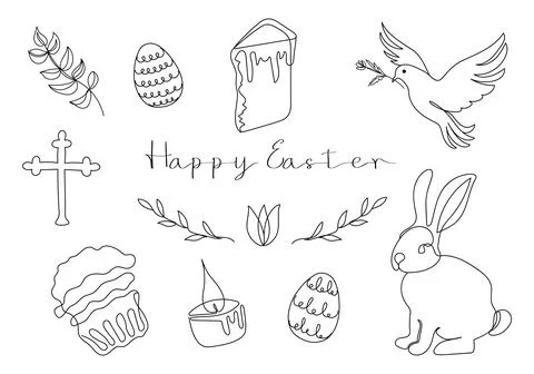 Easter Set in continuous one line style with design elements like bunny, eggs イラスト素材