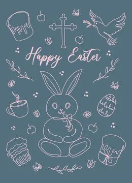 Easter Set in continuous one line style with design elements like bunny, eggs 스톡 일러스트