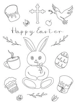 Easter Set in continuous one line style with design elements like bunny, eggs Stock Illustration