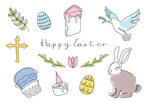 Easter Set in continuous one line style with design elements like bunny, eg.. Illustrazione stock