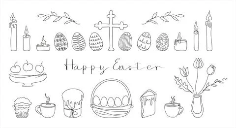 Easter Set in continuous one line style with design elements like Easter cakes Illustrazione stock
