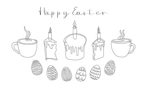 Easter Set in continuous one line style with design elements like Easter cakes イラスト素材