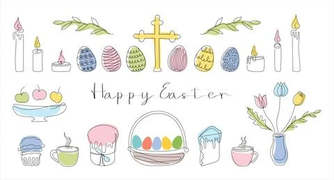 Easter Set in continuous one line style with design elements like Easter cakes Illustrazione stock