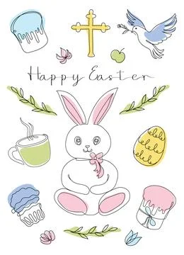 Easter Set in continuous one line style with design elements like bunny, eggs Stock Illustration