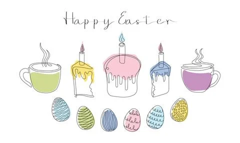 Easter Set in continuous one line style with design elements like Easter cakes Stockillustratie