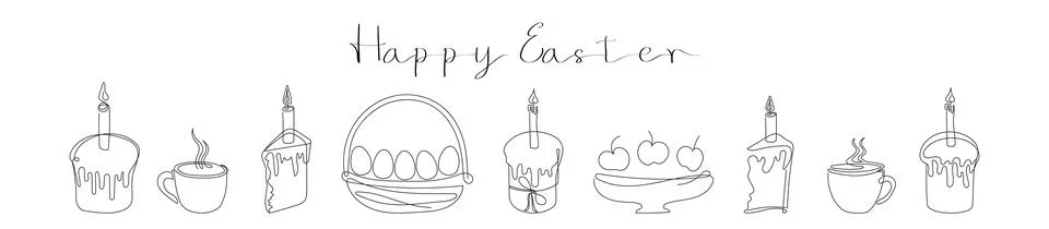 Easter Set in continuous one line style with design elements like Easter cakes Stock Illustration