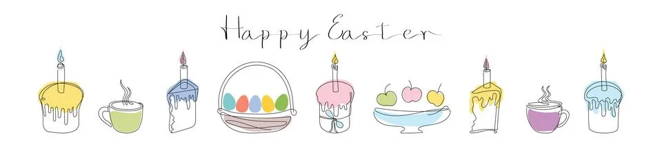 Easter Set in continuous one line style with design elements like Easter cake Stockillustratie