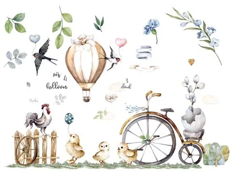 Easter set with cute baby chickens, rooster and eggs in cartoon style. Hand p Stock Illustration