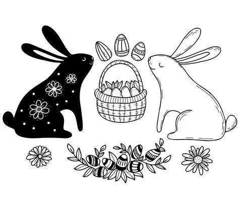 Easter set. Cute Easter bunnies with decor, Easter basket with eggs and flowers Illustrazione stock