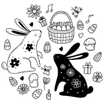 Easter set. Cute Easter bunny, Easter basket with eggs and flowers, birds, butte Stock Illustration