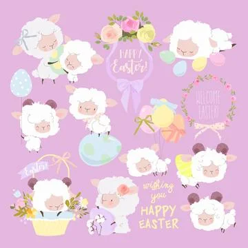 Easter Set with Cute White Sheeps and Easter Eggs Illustrazione stock