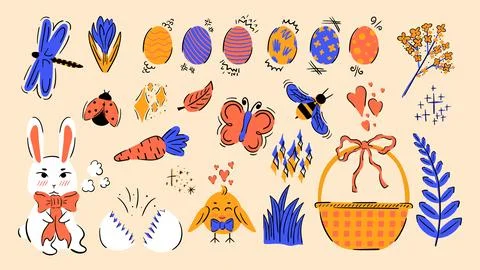 Easter set in doodle style. Hand drawn set of spring elements Illustrazione stock