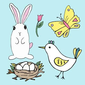 Easter set doodle style. Happy easter hand drawn nest, egg and bunny vector Stock Illustration