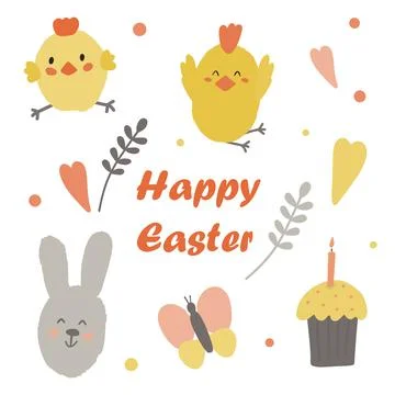 Easter set with Easter cake, chickens and a rabbit. Easter holiday. Design for a Stock Illustration