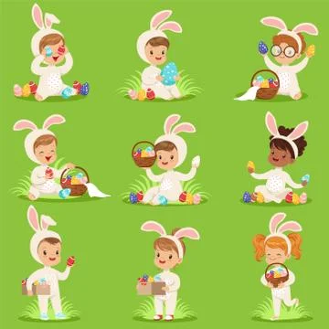 Easter set with eggs and children in bunny costumes イラスト素材
