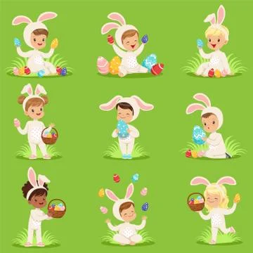 Easter set with eggs and children in bunny costumes イラスト素材
