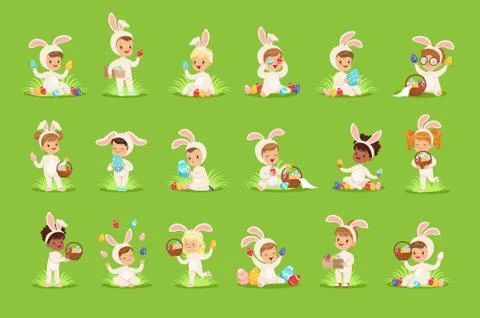Easter set with eggs and children in bunny costumes 스톡 일러스트