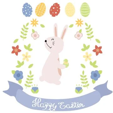 Easter set with eggs, bunnies and flowers in pastel colors. Happy Easter イラスト素材