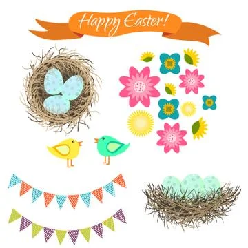 Easter set. Eggs in nest, birds and flowers Stock Illustration