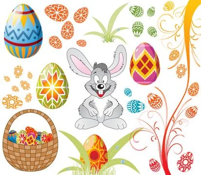 Easter set with eggs, rabbit and basket Stock Illustration