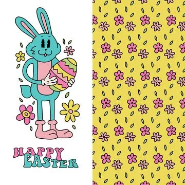 Easter set for greeting card. Spring floral background and groovy retro cartoon 스톡 일러스트