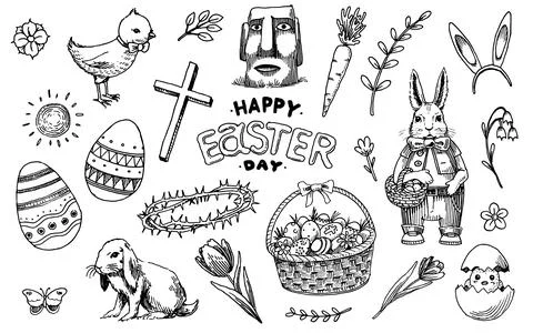 Easter set. Hand drawn holiday collection with rabbit bunny chicken and eggs Stock Illustration