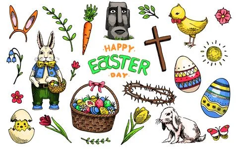 Easter set. Hand drawn holiday collection with rabbit bunny chicken and eggs Stock Illustration