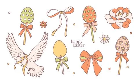 Easter set with hand drawn sweet contour elements of eggs lollipops with bows 스톡 일러스트
