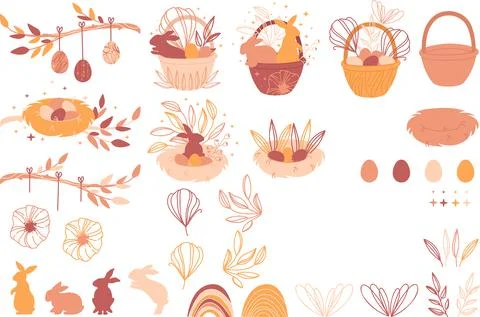 Easter set of illustrations with basket, nest, bunnies, eggs decorated flowers Stock Illustration