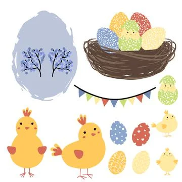 Easter set with nest with eggs, chicken with little chick and flags. Happy Stock Illustration