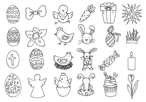 Easter set of outline illustrations, hand drawn, sketch style, simple. Stock Illustration