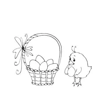 Easter set of outline illustrations, hand drawn, sketch style, simple. Chicke 스톡 일러스트