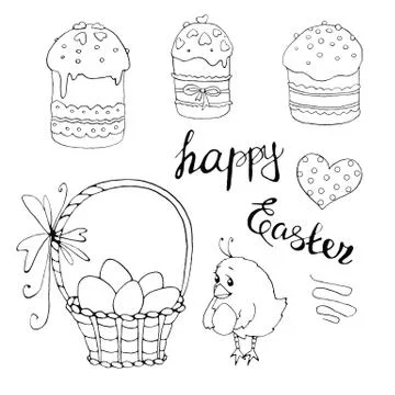 Easter set of outline illustrations, hand drawn, sketch style, simple. Flower Stock Illustration
