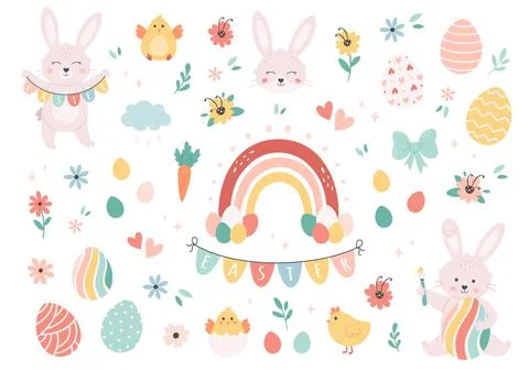 Easter set with painted eggs, rabbits, rainbow, flowers and chickens. 库存插图