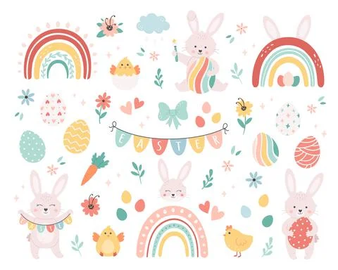 Easter set with painted eggs, rabbits, rainbow, flowers and chickens. Illustrazione stock