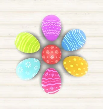Easter set painted eggs on wooden texture Illustrazione stock