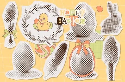 Easter set of paper torn pit stickers of eggs, wreath, rabbit and hyacinth Stock Illustration