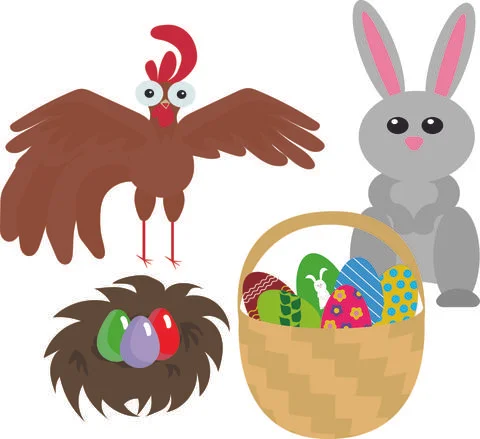 Easter set with rabbit, basket, nest, cockerel and colorful eggs. Stock Illustration