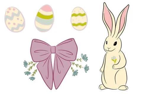 Easter set with rabbit eggs bow clip art Stock Illustration