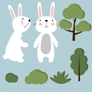 Easter set with rabbits, trees and shrubs.Design for title for the site ,banner Illustrazione stock