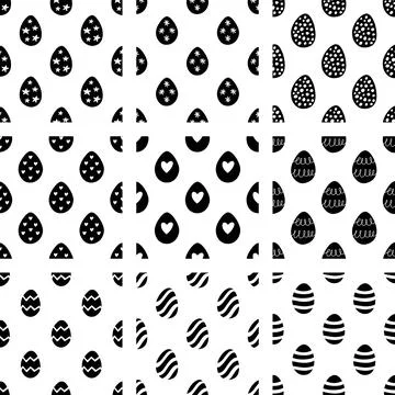 Easter set of seamless patterns from hand drawn doodle eggs. Stock Illustration