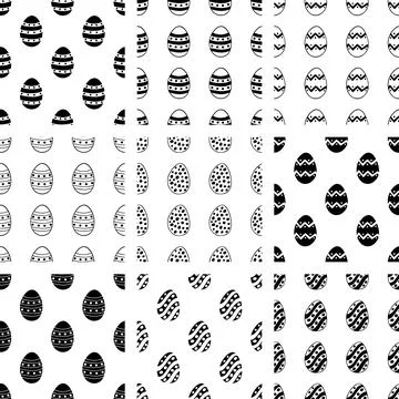 Easter set of seamless patterns from hand drawn doodle eggs. Stock Illustration
