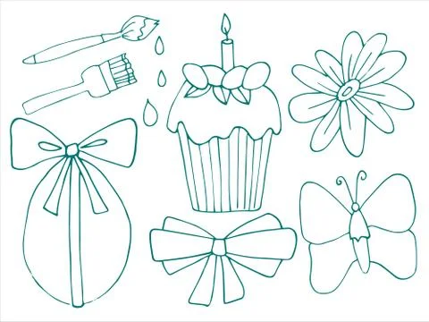 Easter set of simple line drawing, doodle style. 스톡 일러스트