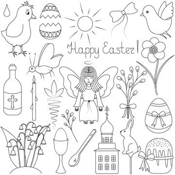 Easter set. Sketch. Spring symbols. Vector illustration. Doodle style. Stock Illustration