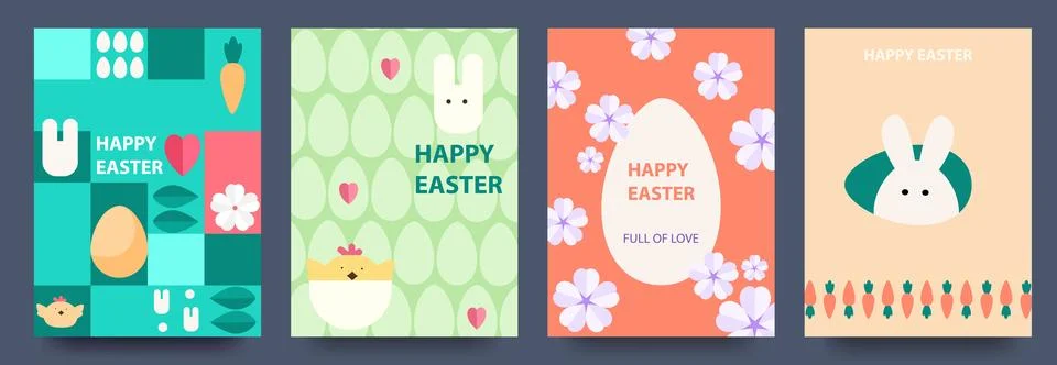 Easter. Set of vector Easter cards. Easter eggs, rabbit, patterns. Modern Stock Illustration