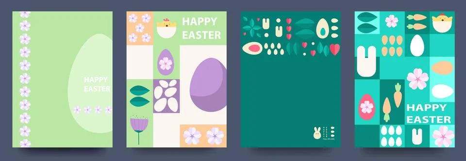 Easter. Set of vector Easter cards. Easter eggs, rabbit, patterns. Modern Stock Illustration